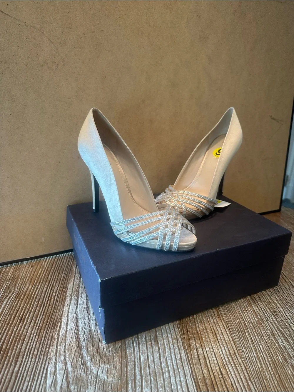Lauren Ralph Lauren Champagne Satin Open-Toe Stiletto Heels with Crystal Straps